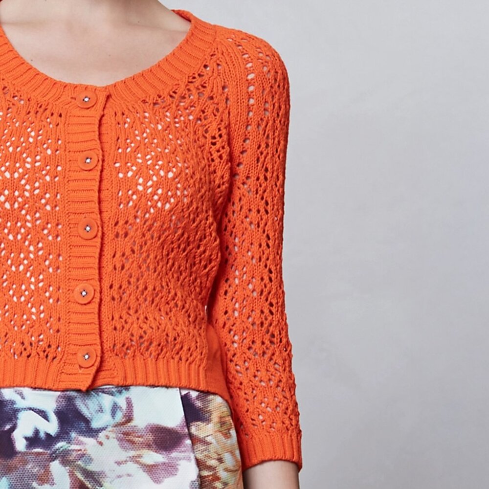Knitted & Knotted Tethered Pointelle Cardigan in Orange - sz Small - Picture 4 of 14